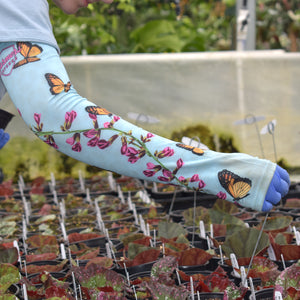 Steve's Leaves employee wearing Protection sleeves with light blue background and Monarch Butterflies and green vine with pink flowers
