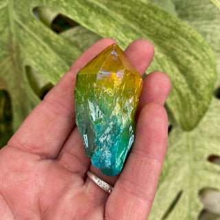 Hand holding a green and yellow crystal with leaves in the background
