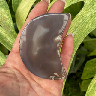 Hand holding a piece of agate in a moon shape against a green leafy background