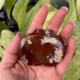 Hand holding a brown agate pumpkin-shape with green leaves in the background