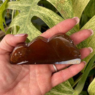 Hand holding a brown agate stone in a cloud/mountain shape with green leaves in the background