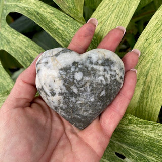 Hand holding a pyrite and jasper heart-shaped stone with green leaves in the background