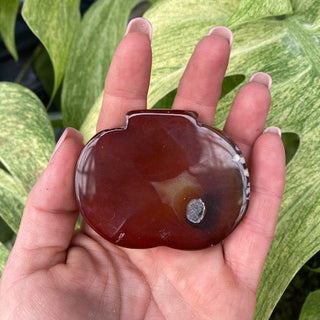 Hand holding a brown agate pumpkin-shape with green leaves in the background