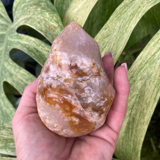 Hand holding Flower Agate Flame Shape with leaves in the background