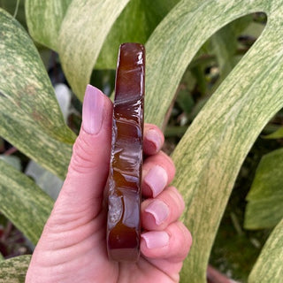 Hand holding a side view of a leaf shaped agate stone against a green leafy background