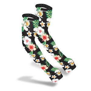Protection sleeves with a black background with tropical flowers (white and salmon colors) and green foliage